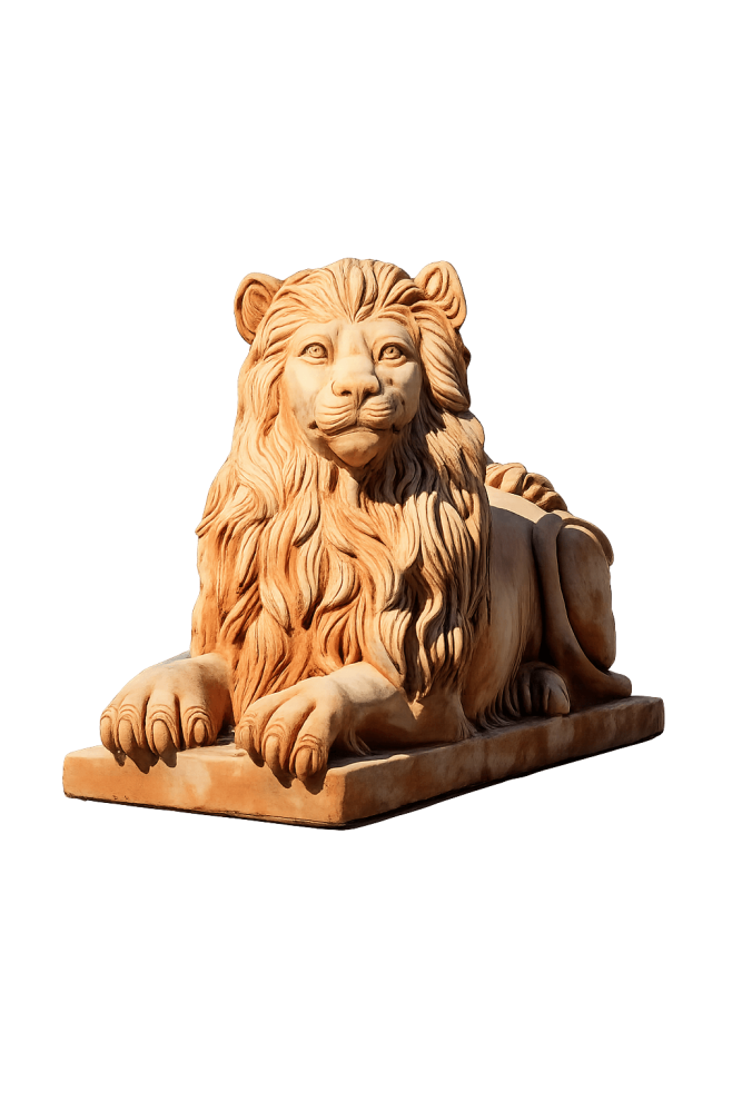 Grand Lion couché en terre cuite d’Impruneta authentique – sculpture de jardin majestueuse